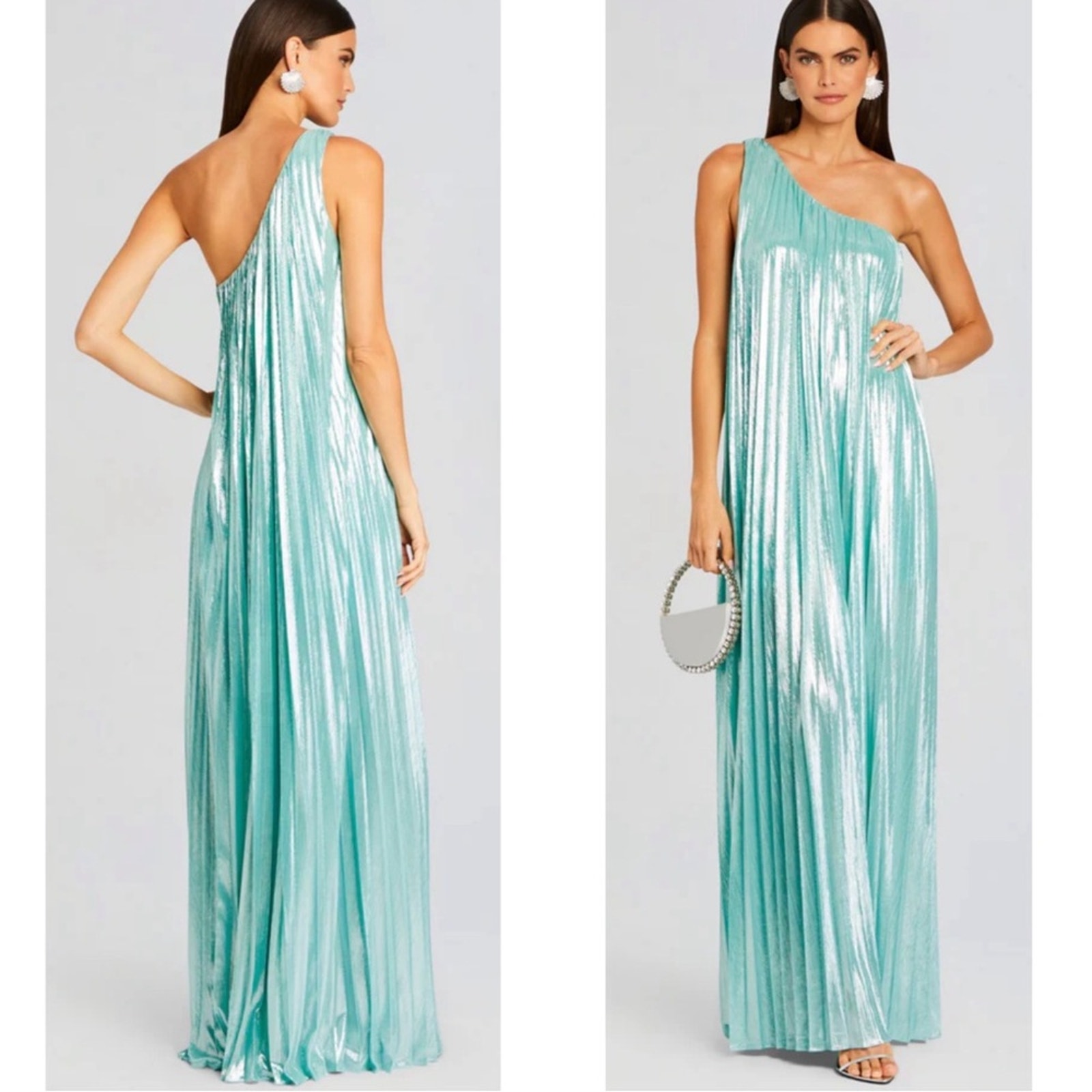 Retrofete Kensley Pleated One Shoulder Sea Foam Green Metallic Maxi Dress Sz L